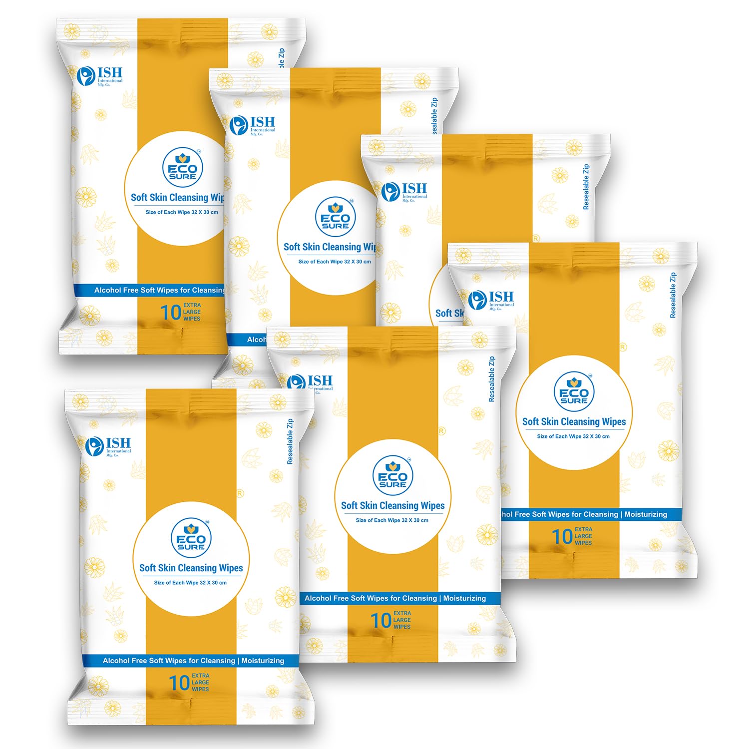 Eco Sure Alcohol-Free Soft Skin Cleansing Wipes, 10 Wipes Extra Large Zip Pouch Pack of 6-image-46