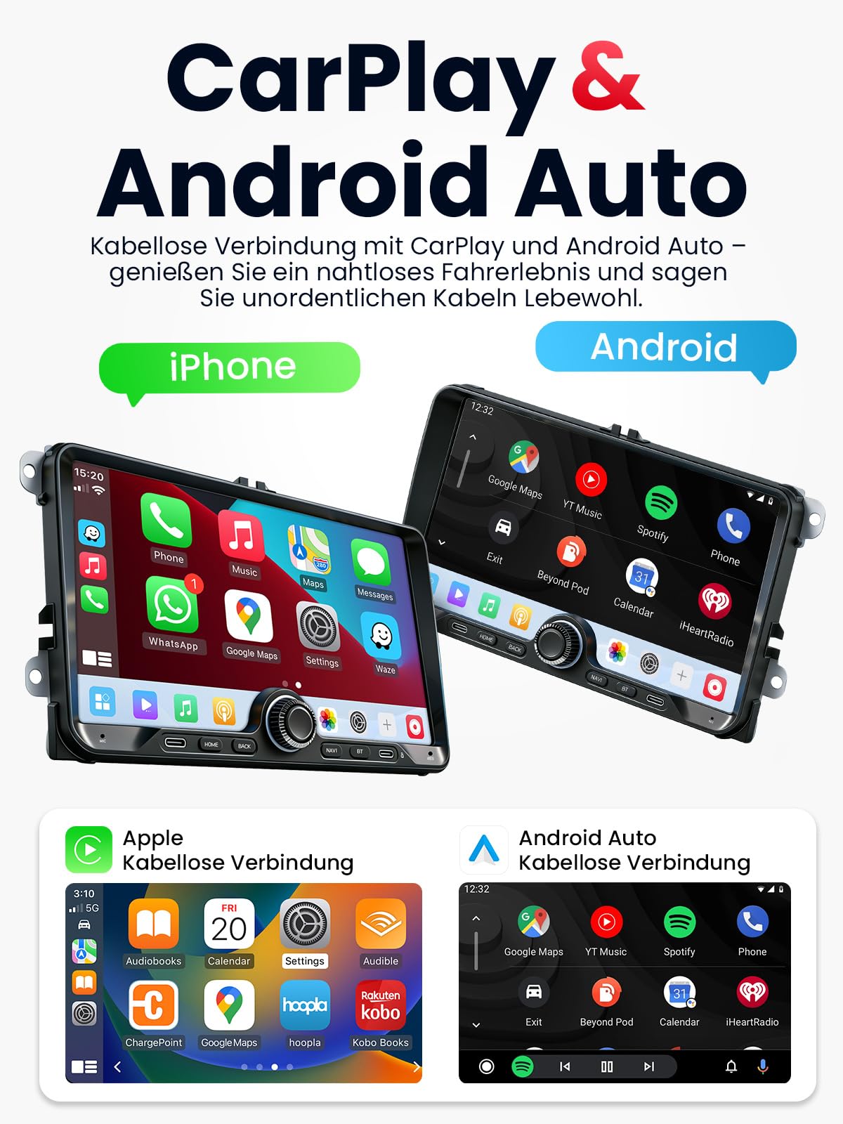 9" Doppel DIN Bluetooth Autoradio mit Bildschirm für VW Golf 5 6 T5 Polo 6R Caddy Passat Touran, Skoda, SEAT, Wireless CarPlay Android Auto Mirrorlink, Auto Radio, 4+64GB, WLAN DAB+ FM/AM GPS
