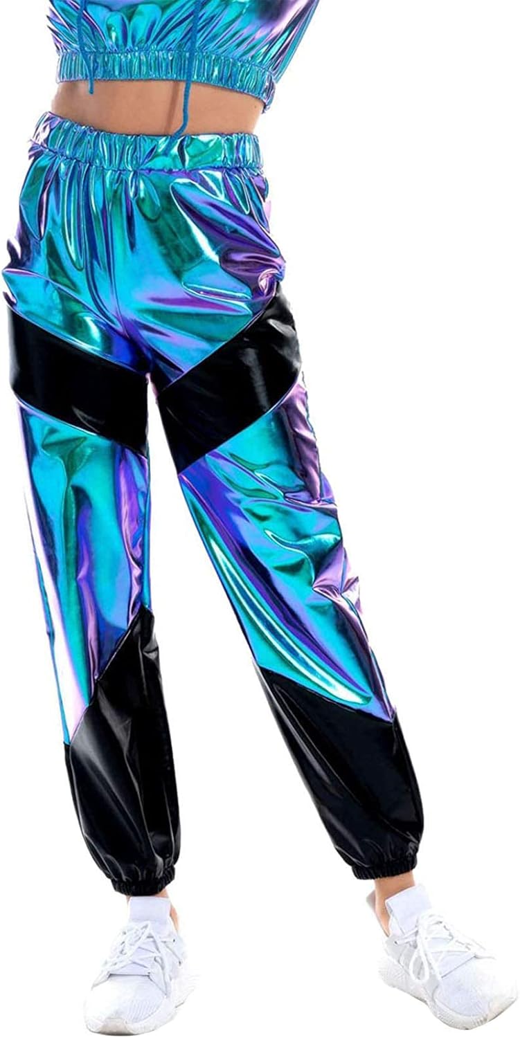 hirigin Womens Metallic Shiny Reflective Pants Color Block Hip Hop
