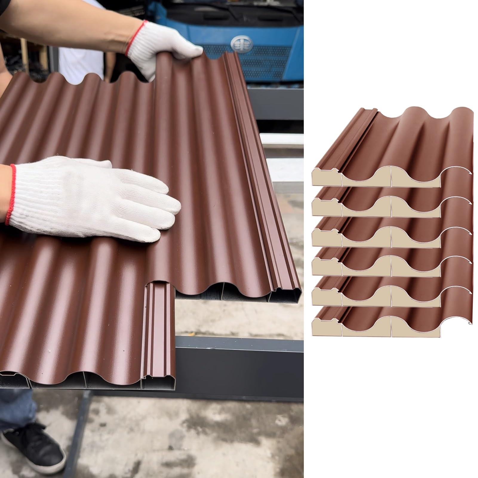Roofing Sheets 6 Pcs Splicable Roof Panel, Insulated Cladding Board Wave-Shaped(Brown,L 1.5m/4.9ft)