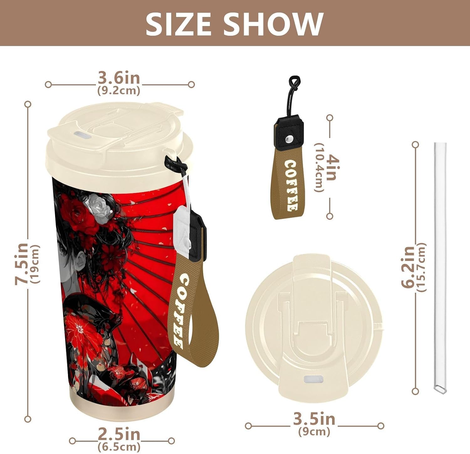 Insulated Coffee Mug Woman Anime Umbrella with Straw & Flip Lid, 16.9oz Iced Tumbler Cup, Double Wall Vacuum Mug for Travel Office Camping