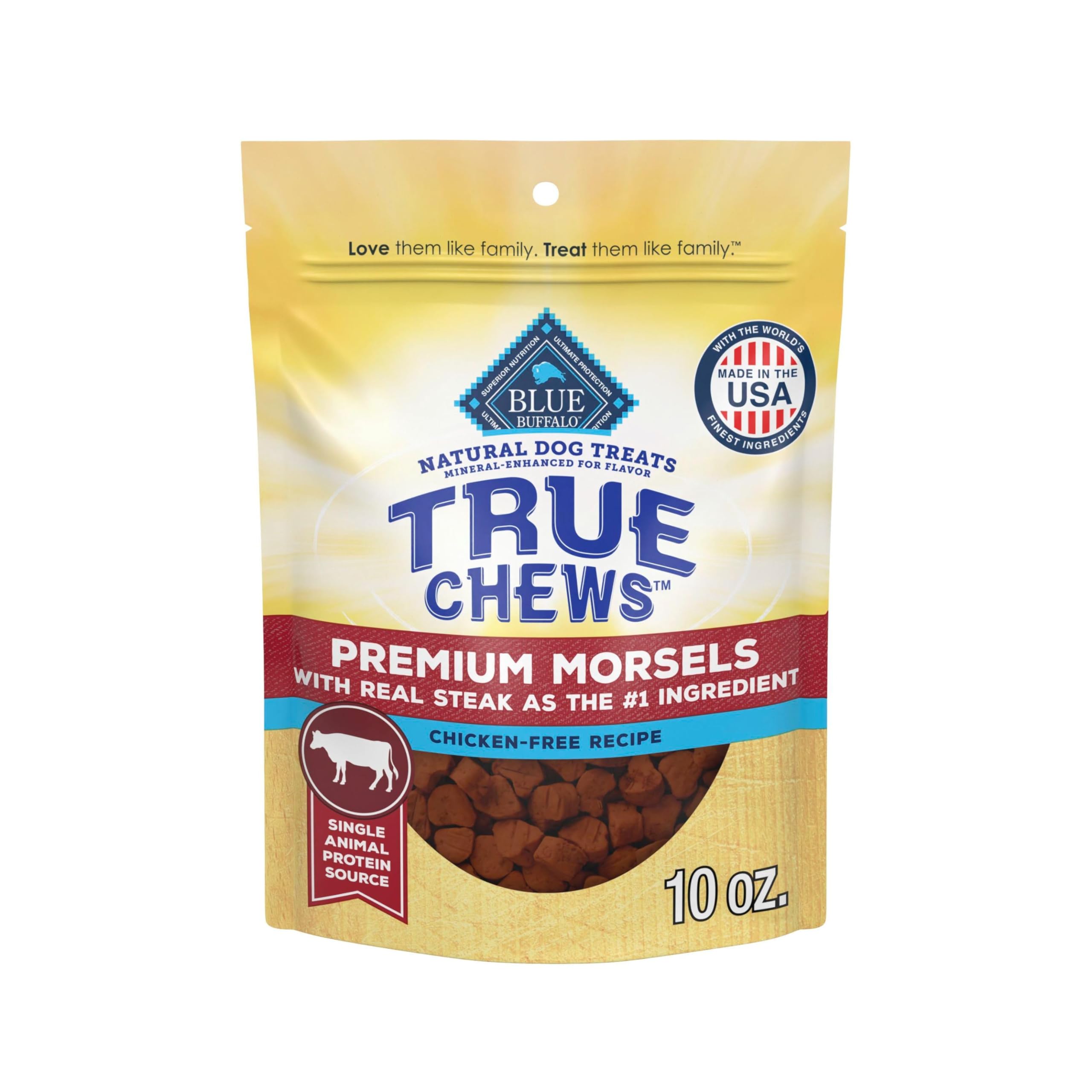True Chews Premium Morsels Dog Treats, Made in The USA with Natural Ingredients, Steak, 10-oz Bag