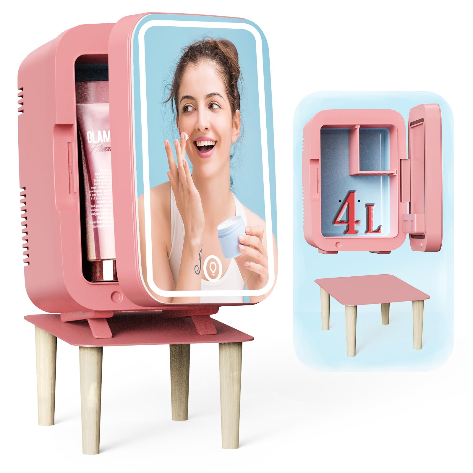 Mini Skincare Fridge With Stand, Pink Mini Fridge with Dimmable LED Mirror (4L /6 Can), Portable Refrigerator for Travel Makeup, Skin Care Fridge Cosmetics, Mini Fridge for Bedroom, Office and Car