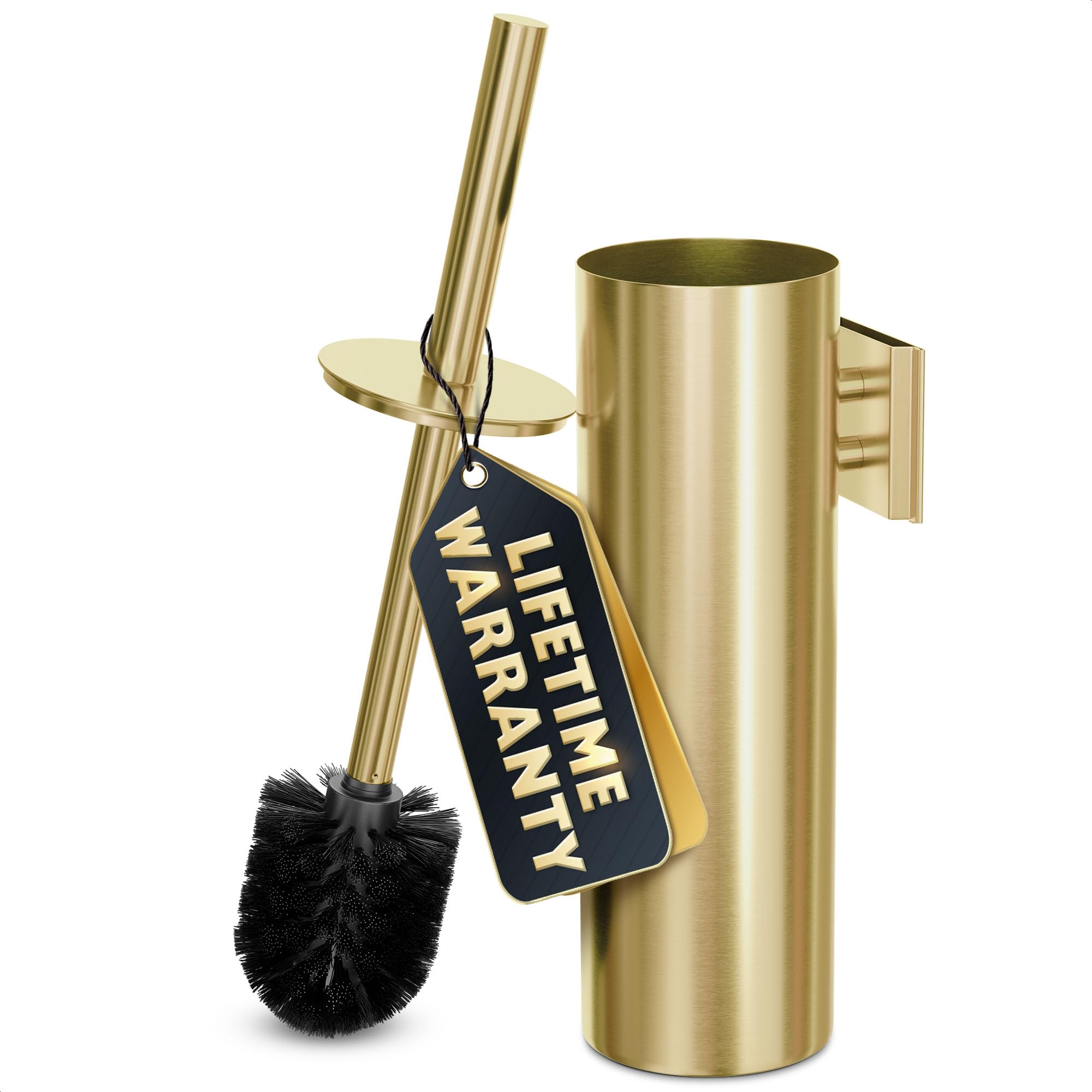 Gold Toilet Brush and Holder Set with Wall Mount - Modern Wall Mounted Toilet Brush Made from Corrosion-Resistant Stainless Steel - Removable Inner Bowl, Splash Protection & Dense Bristles Supplied