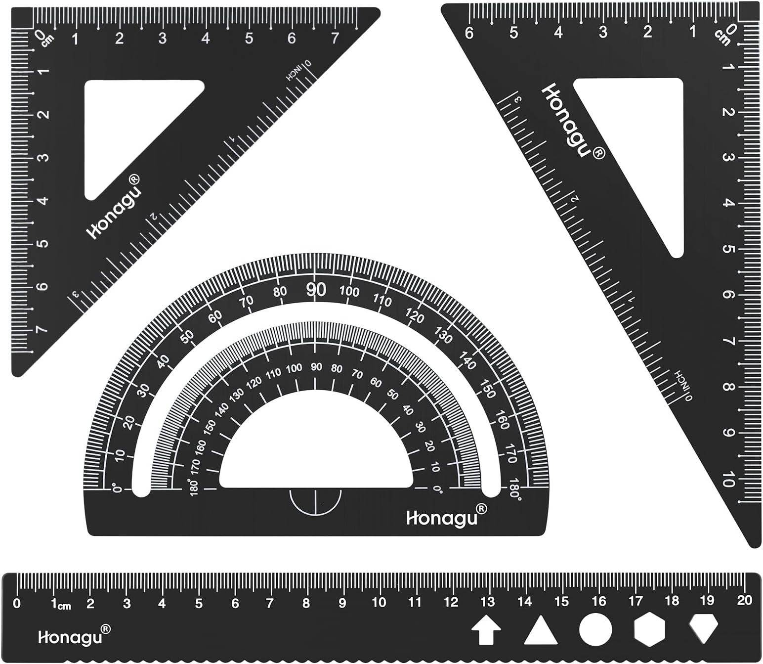 Honagu Triangular Ruler Set, 4 Pieces Aluminum Alloy Ruler, Metal Drafting Ruler, Geometric Protractor for Student,Draftsman, Engineers, Home School Office Supplies(20cm/7.87inch, Black)