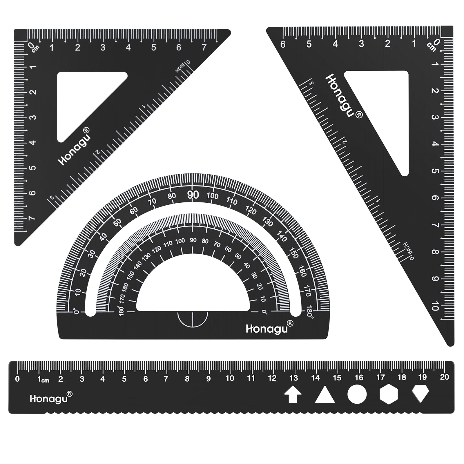 Honagu Triangular Ruler Set, 4 Pieces Aluminum Alloy Ruler, Metal Drafting Ruler, Geometric Protractor for Student,Draftsman, Engineers, Home School Office Supplies(20cm/7.87inch, Black)