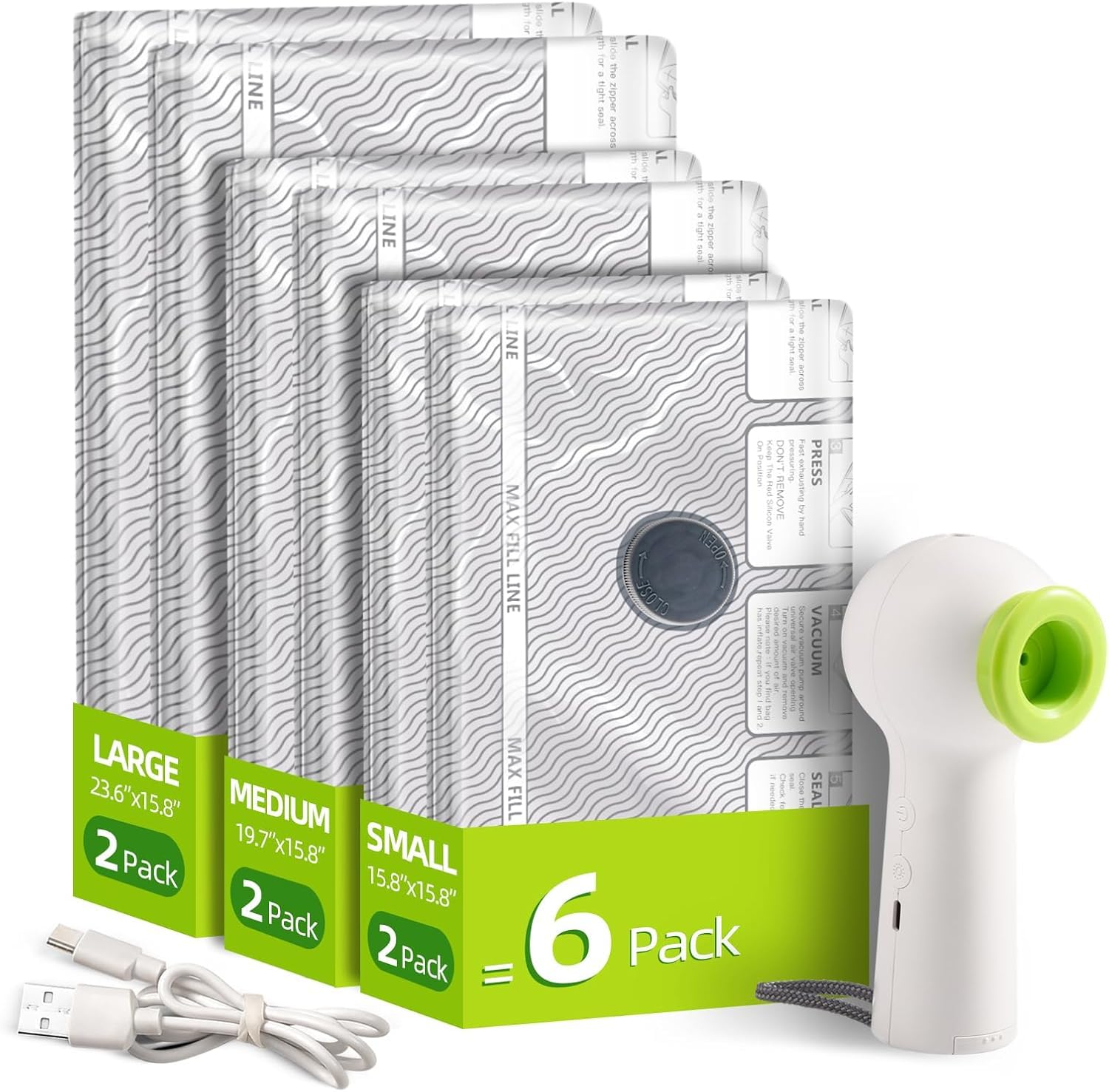 VACKFOX Travel Vacuum Bags with Rechargeable USB Pump, 6 Pack Carry-On Size Vacuum Travel Bags for Luggage & Suitcase, Vacuum Bags for Travel, Space Saver Compression Bags for Clothes & Clothing