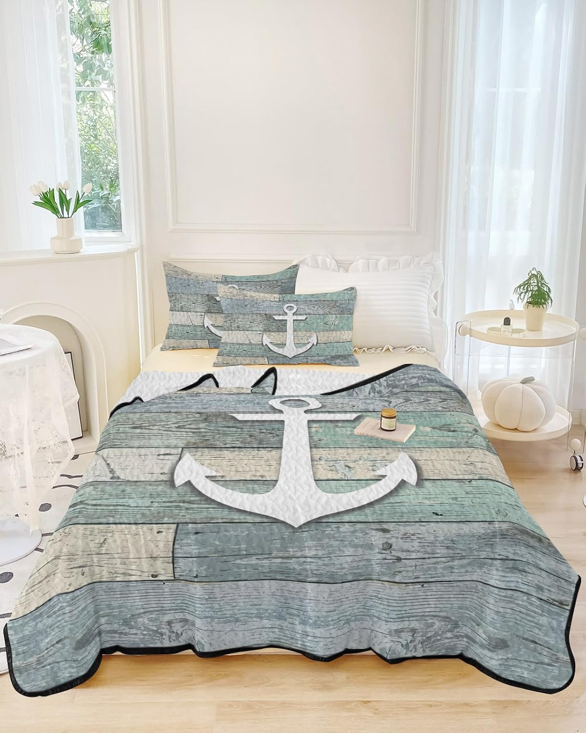 King Size Quilt Set, White Nautical Anchor Lightweight Bedspread Coverlet Set Soft Microfiber Summer Quilt with 2 Pillow Shams, Retro Wood Board Background 3 Piece Comforter Bedding Set