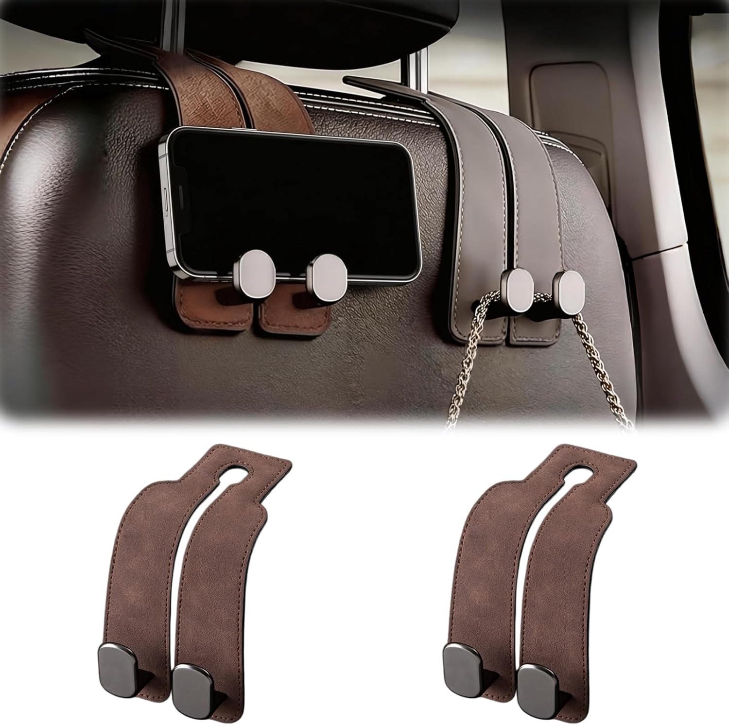 Car Headrest Hook 2 Pack, Universal Car Purse Holder for Back of Seat, Heavy Duty Leather Car Seat Hooks with Dual Metal Hooks, for Handbag, Grocery Bags, Water Bottle, Phone (Brown)