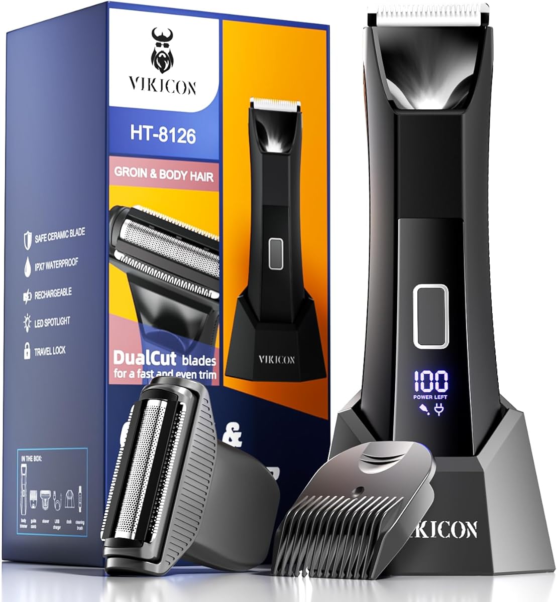 VIKICON 2-in-1 Body Trimmer&Shavers for Men: Manscape Electric Groin&Pubic Hair Trimmer, Dual-Head Ceramic&Foil Blades, USB-C Rechargeable Body Groomer with LED Light, Cordless Ball Razor