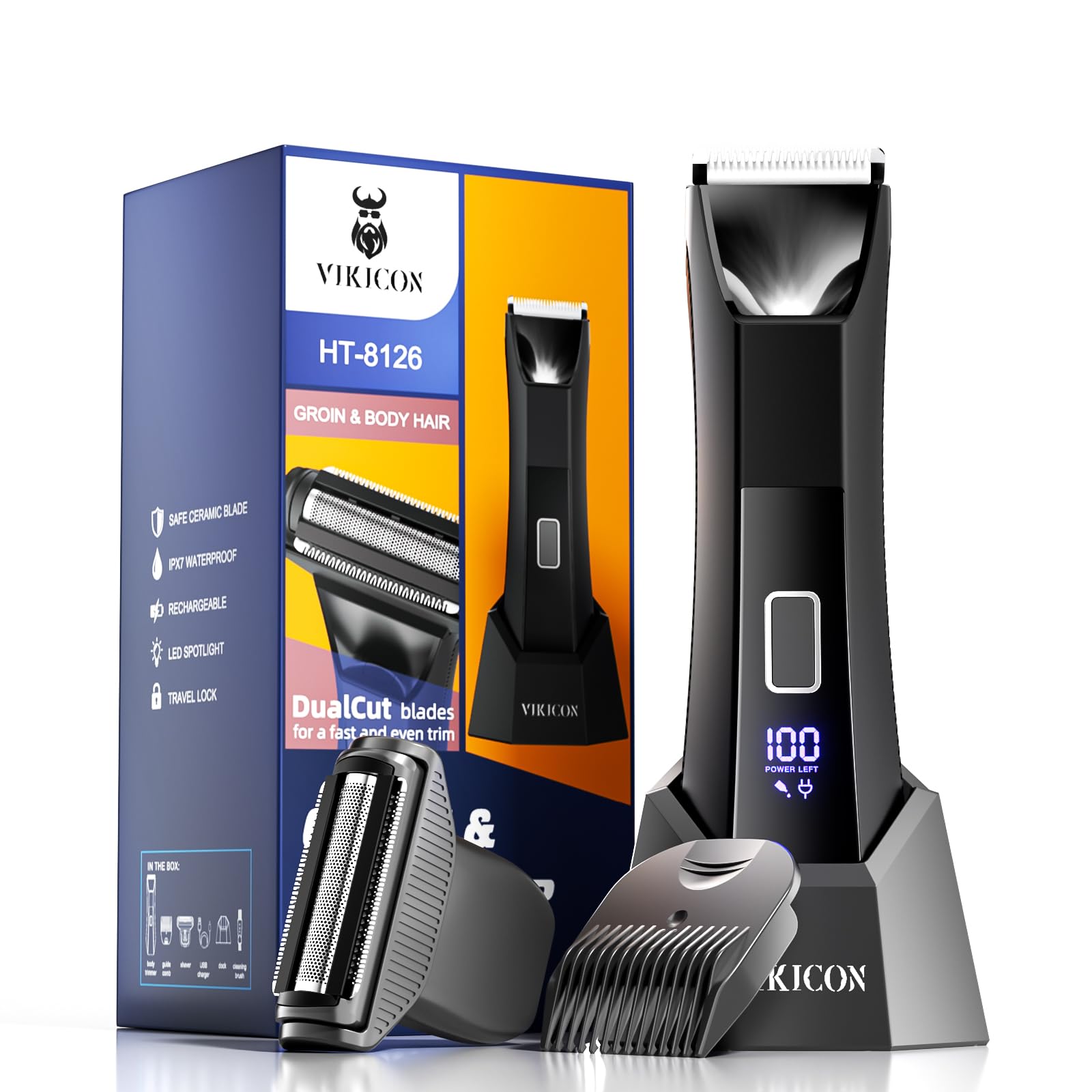 VIKICON 2-in-1 Body Trimmer&Shavers for Men: Manscape Electric Groin&Pubic Hair Trimmer, Dual-Head Ceramic&Foil Blades, USB-C Rechargeable Body Groomer with LED Light, Cordless Ball Razor