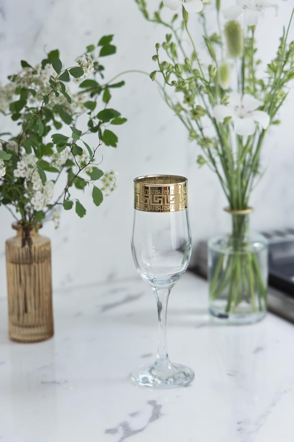 Joseph Sedgh Collection Greek Key Champagne Flute Glasses Set of 6-6.8 oz Round Cylinder Champagne Glasses with Stem, Dishwasher Safe Premium European Grade Glassware - Image 4