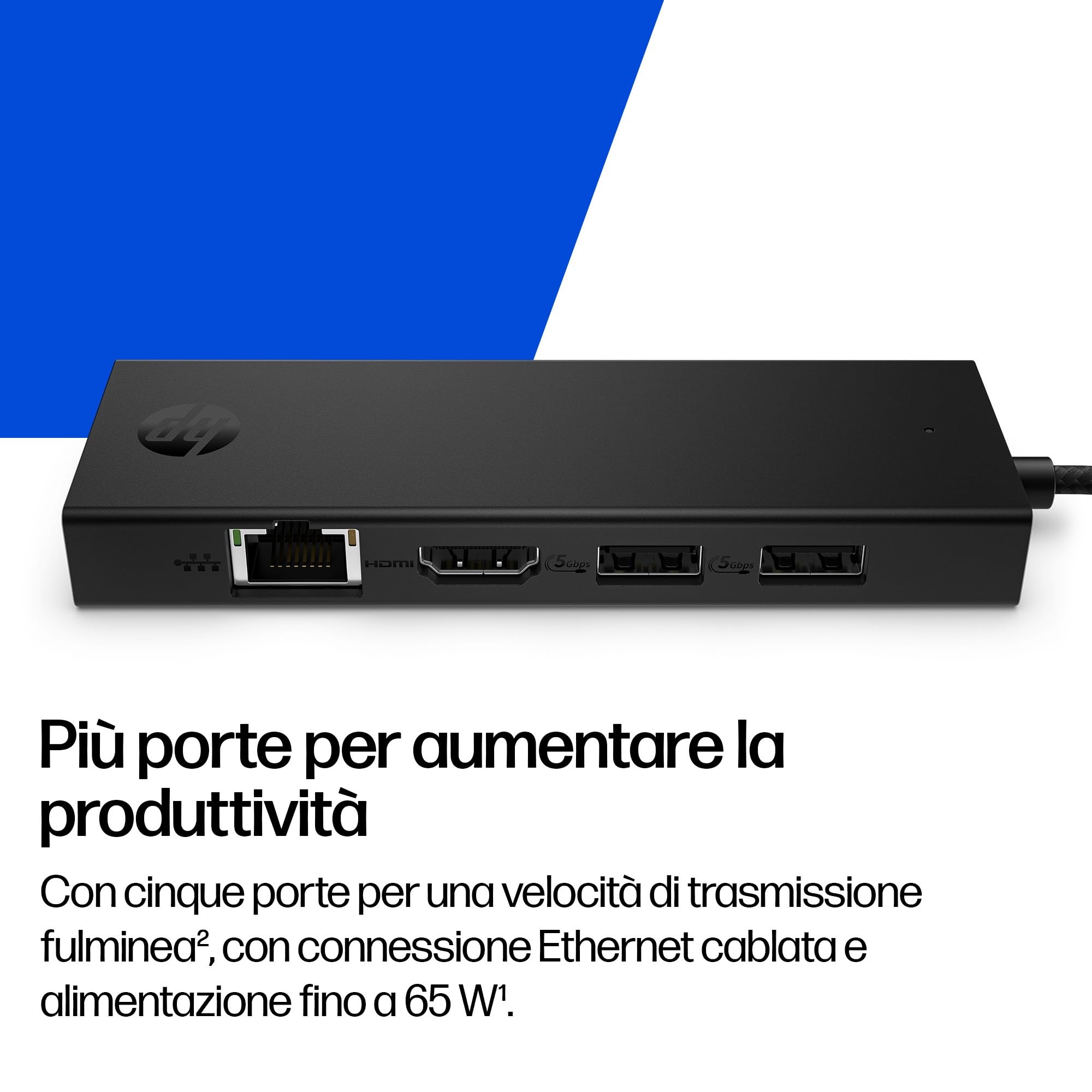 HP USB-C Hub Portatile, 4K HDMI, 5 Porte, HDMI 2.0, Ethernet, PD 65W, Nero | Più connessioni ovunque per professionisti e studenti: collega monitor 4K, rete cablata e accessori con un solo hub USB-C