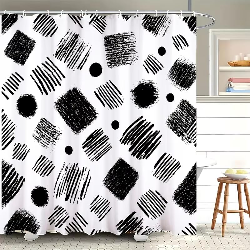 Rideau de douche abstrait noir et blanc 160x140cm en tissu imperméable