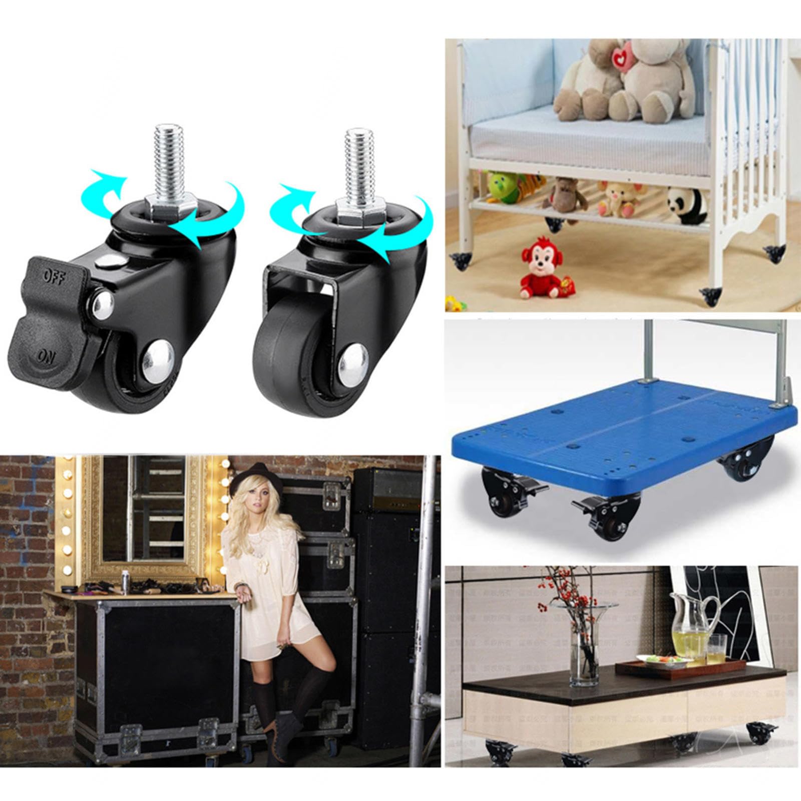 TPE Gummiräder mit Bremse,Schwenkbare Lenkrollen für Kinderbetten,Möbel-ErsatzFußräder,Schwarz-M6/M8/M10 Gewindestange,für Trolley Werkbank,M6-4brakes