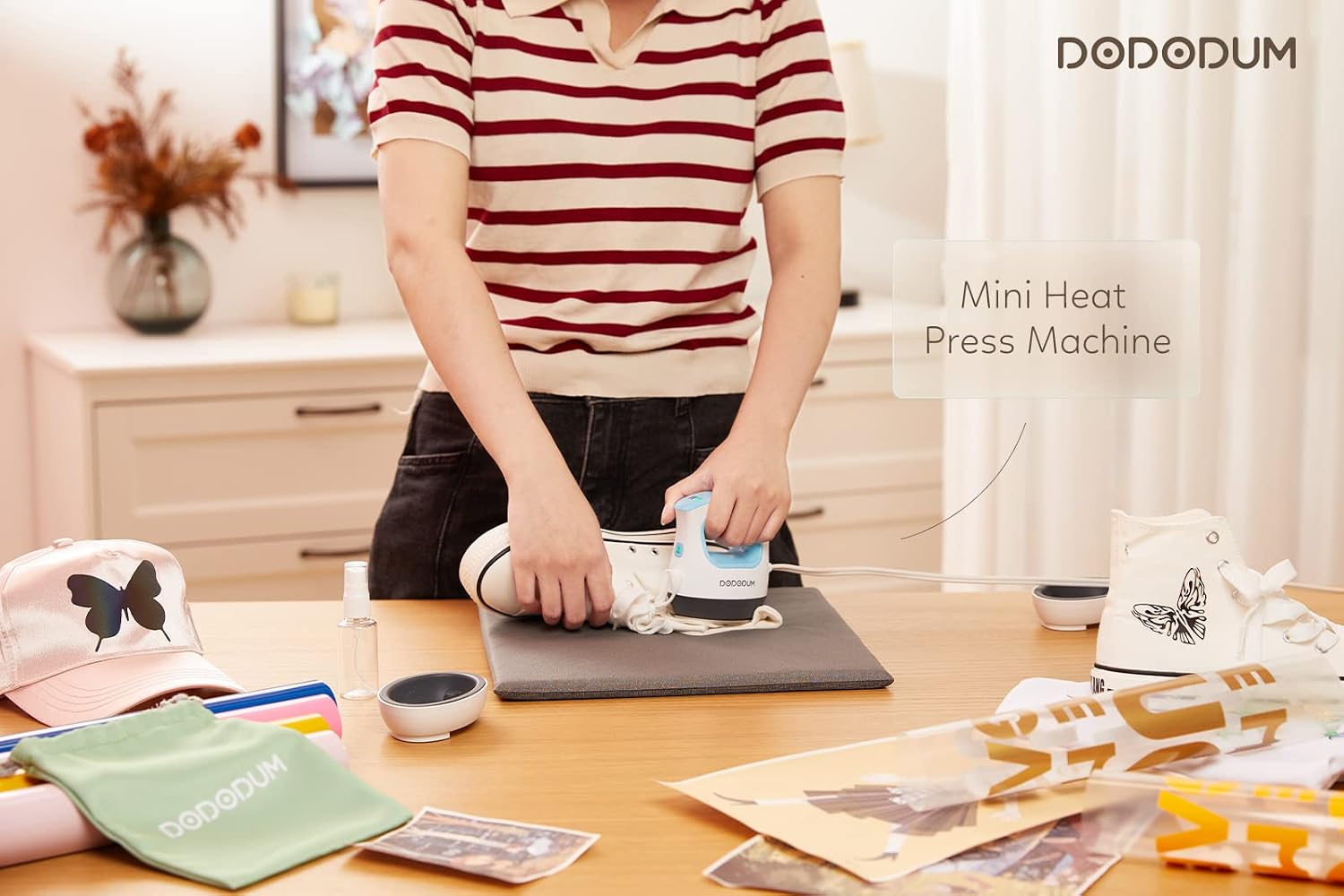 DODODUM Mini Heat Press Machine Easy to Use for T Shirts Shoes Hats Small HTV Iron-on Vinyl Projects Portable Heating Transfer Iron Blue