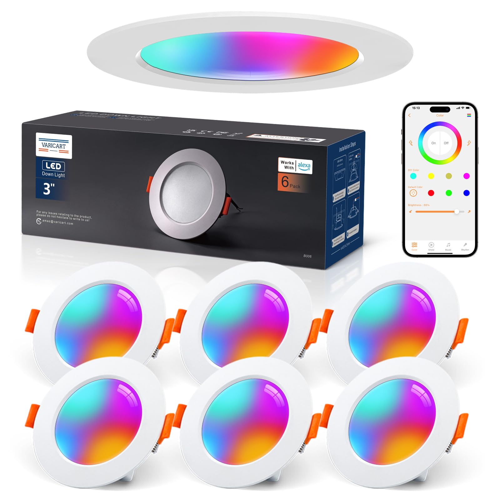 LED Einbaustrahler 230V RGB Alexa, Smart LED Spot Flach Bluetooth 7W 2700K-6000K, Einbaustrahler Dimmbar Farbig 6er Set, IP44 68mm Einbauleuchten APP Steuerung, Farben Spots Deckenspots
