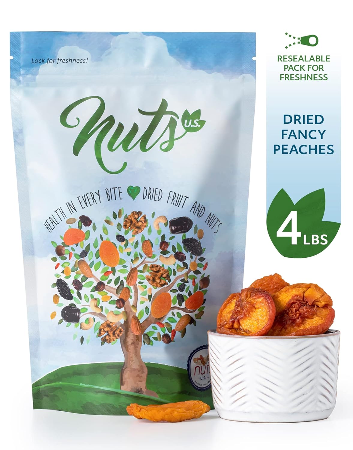 NUTS U.S. - Dried Fancy Peaches | Natural Snack | Fruity Aroma| No Added Sugar and Non GMO | Vegan and Gluten Free | Packed in a Resealable Bag!!! (4 LBS)