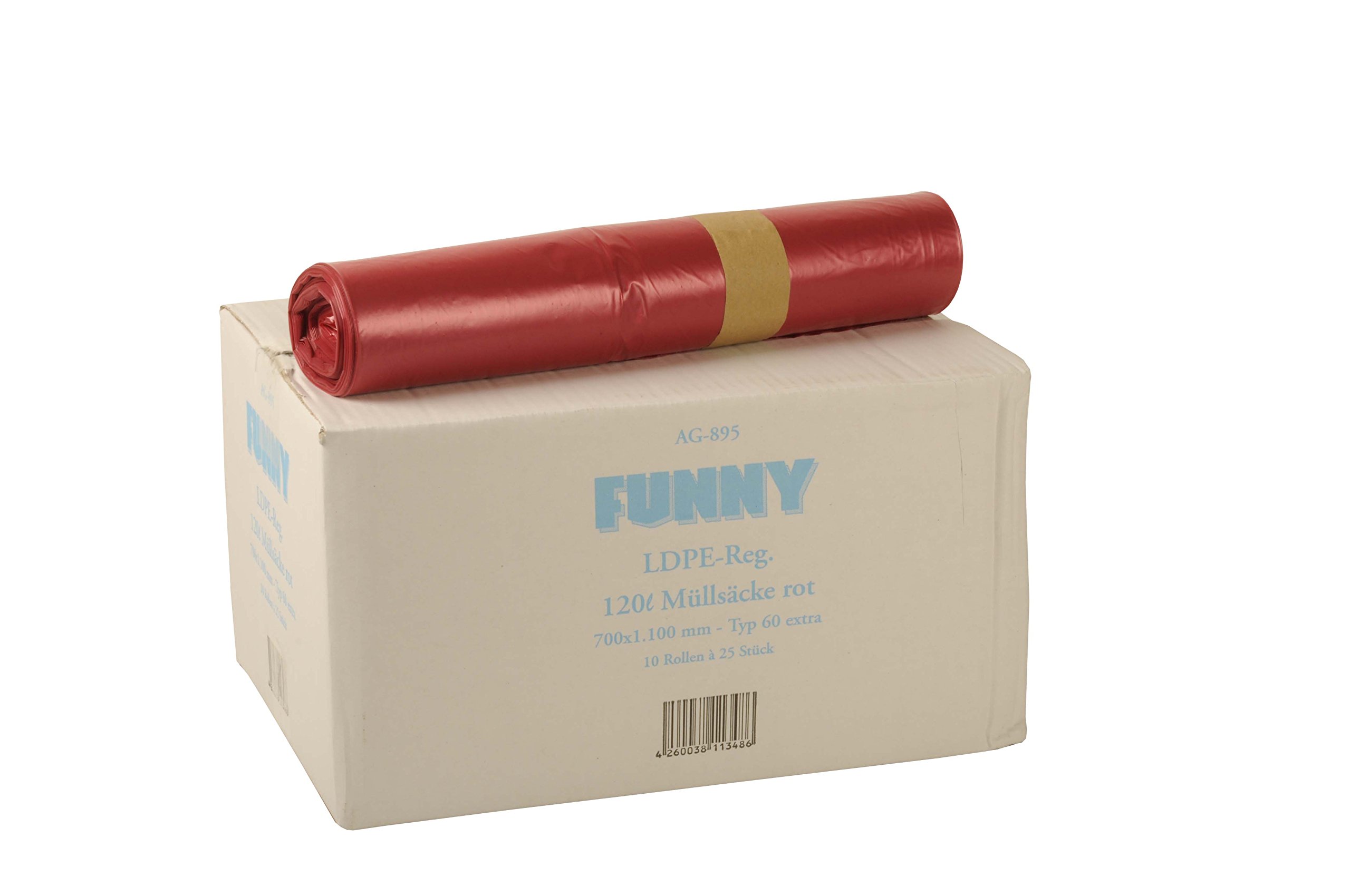 Funny LDPE regenerat worki na śmieci, czerwone, zrolowane, 120 l, typ 60 extra, 1 opakowanie (1 x 250 sztuk)