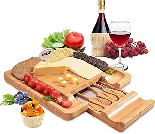 Bamboo Cheese Board Set, FITNATE 13inch Square Cheese Cutting Board with Cutlery In Slide-Out Drawer Including 4 Stainless...
