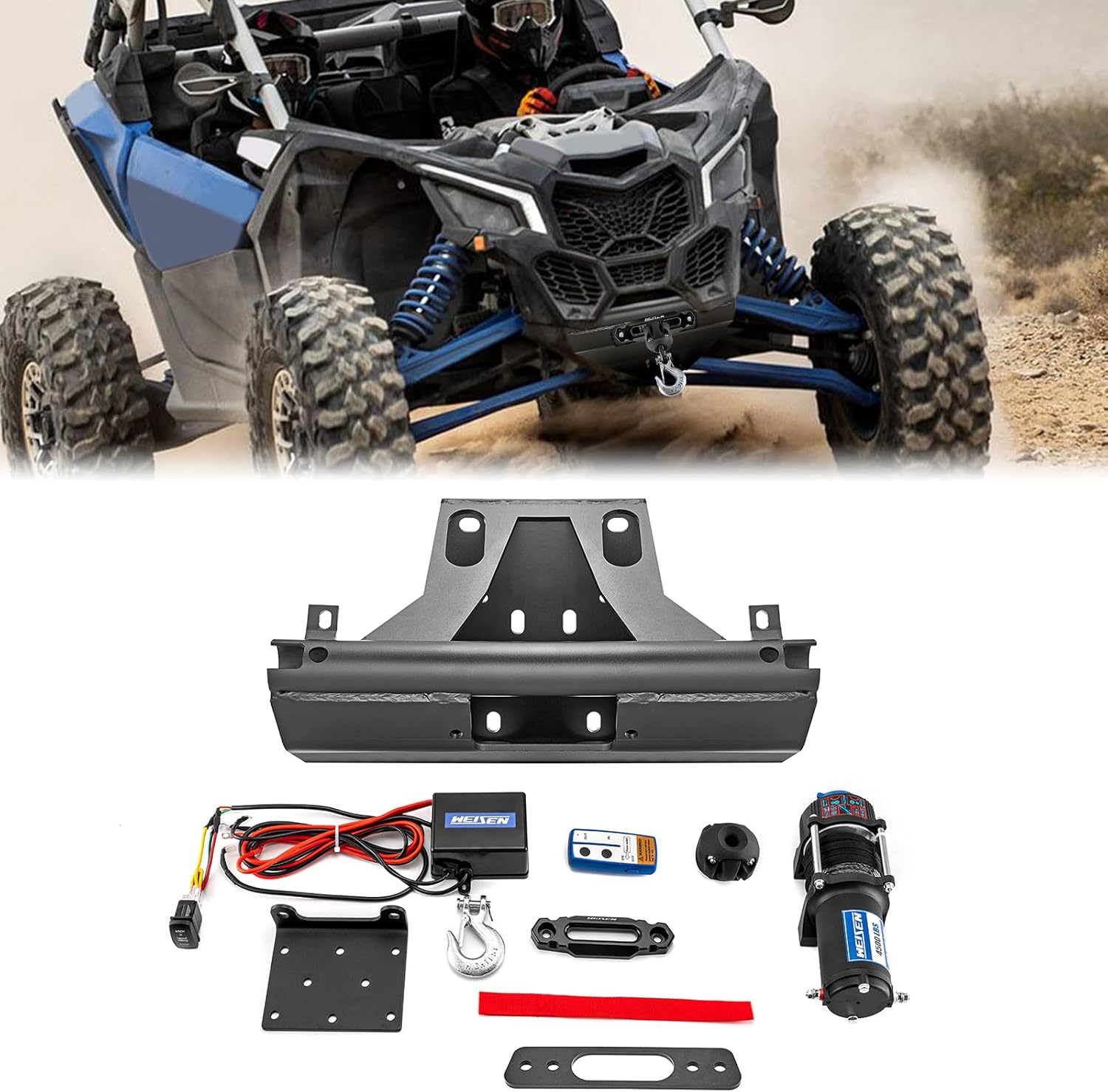 WeiSen 4500lb 12V Electric Winch Kit with Winch Mount Compatible with Can-Am Maverick X3 Models 2017-2025, Synthetic Rope Hawse Fairlead and Forged Hook Stopper