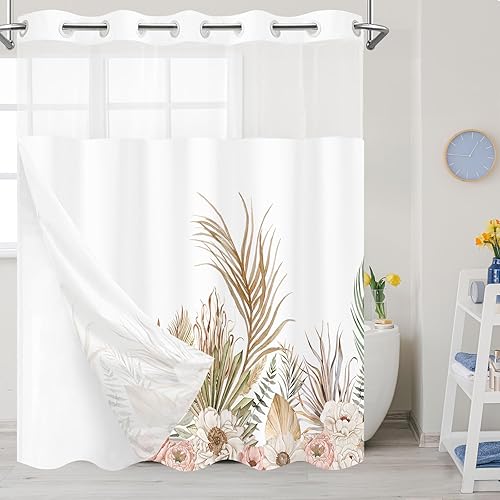 Juego de cortina de ducha bohemia sin gancho con forro a presión, cortina de ducha floral de hoja de palma marrón con forro, ventana superior de