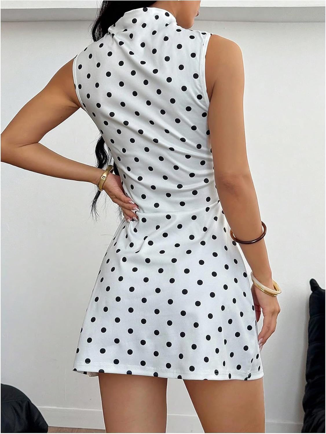 Milumia Women's Polka Dots Ruched Mock Neck Tank Dress Elegant Sleeveless A Line Short Mini Dresses - Image 3