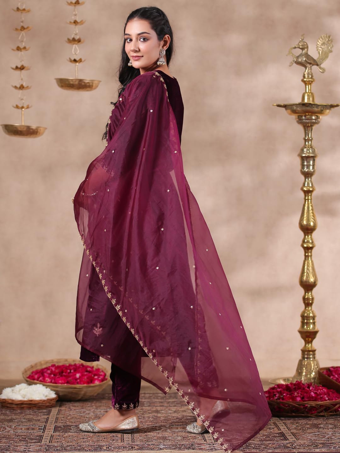 Ishin Women's Velvet Self Design Zari Purple Straight Kurta Suit Set With Trousers & Dupatta