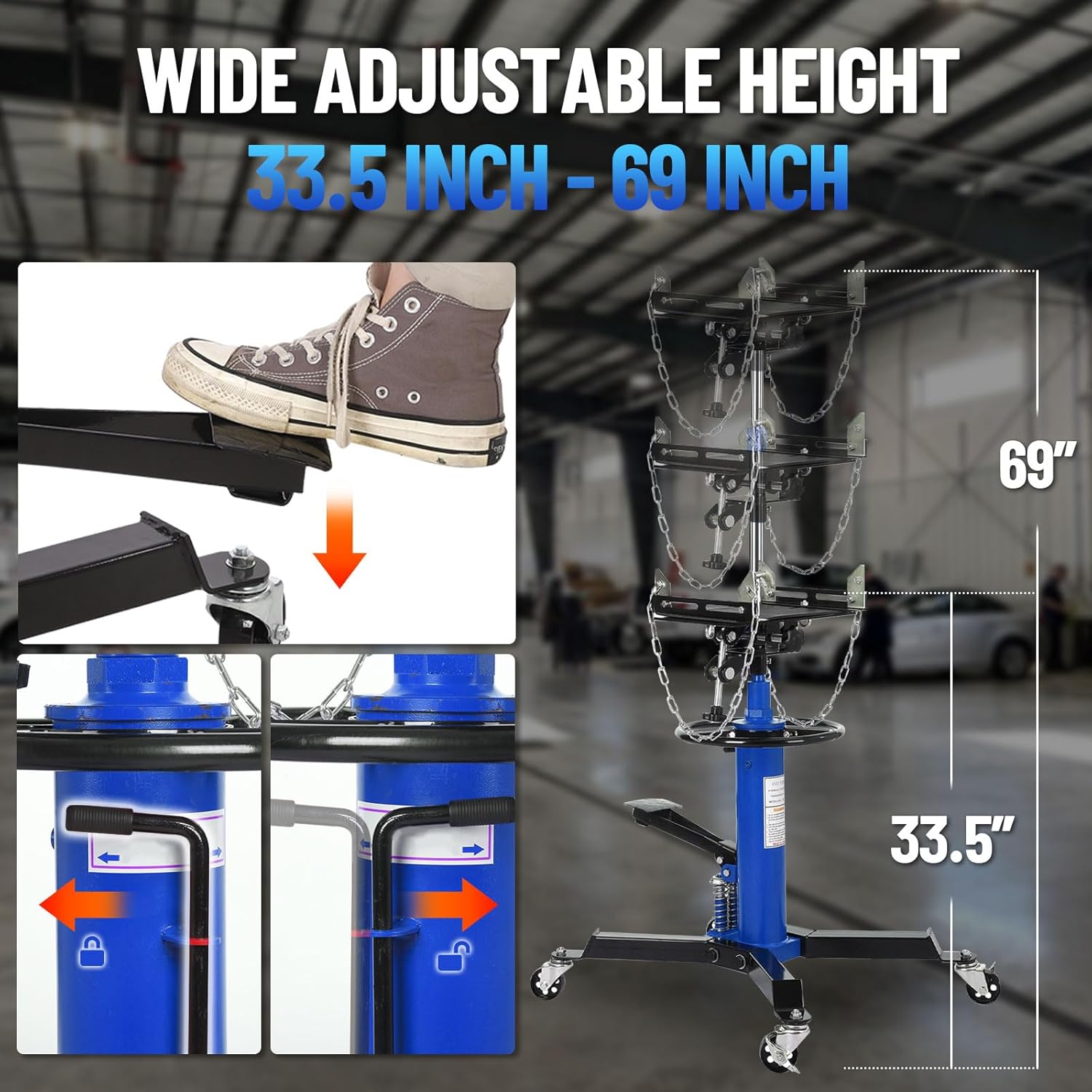 1322-Pound Capacity Dual-Column Hydraulic Jack 33.5“-69” High-Lift Two-Stage Hydraulic Telescopic Jack with 8Mm Anti-Slip Pad, Foot Pedal, and Swivel Casters - Blue