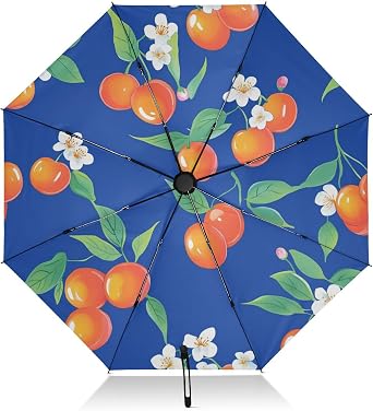 FRODOTGV Cute Cherry Fruit Royal Blue Compact Umbrella Windproof Reverse Compact Umbrella for Rain Sun 8 Ribs Large Collapsible UV Umbrella Automatic for Women Men