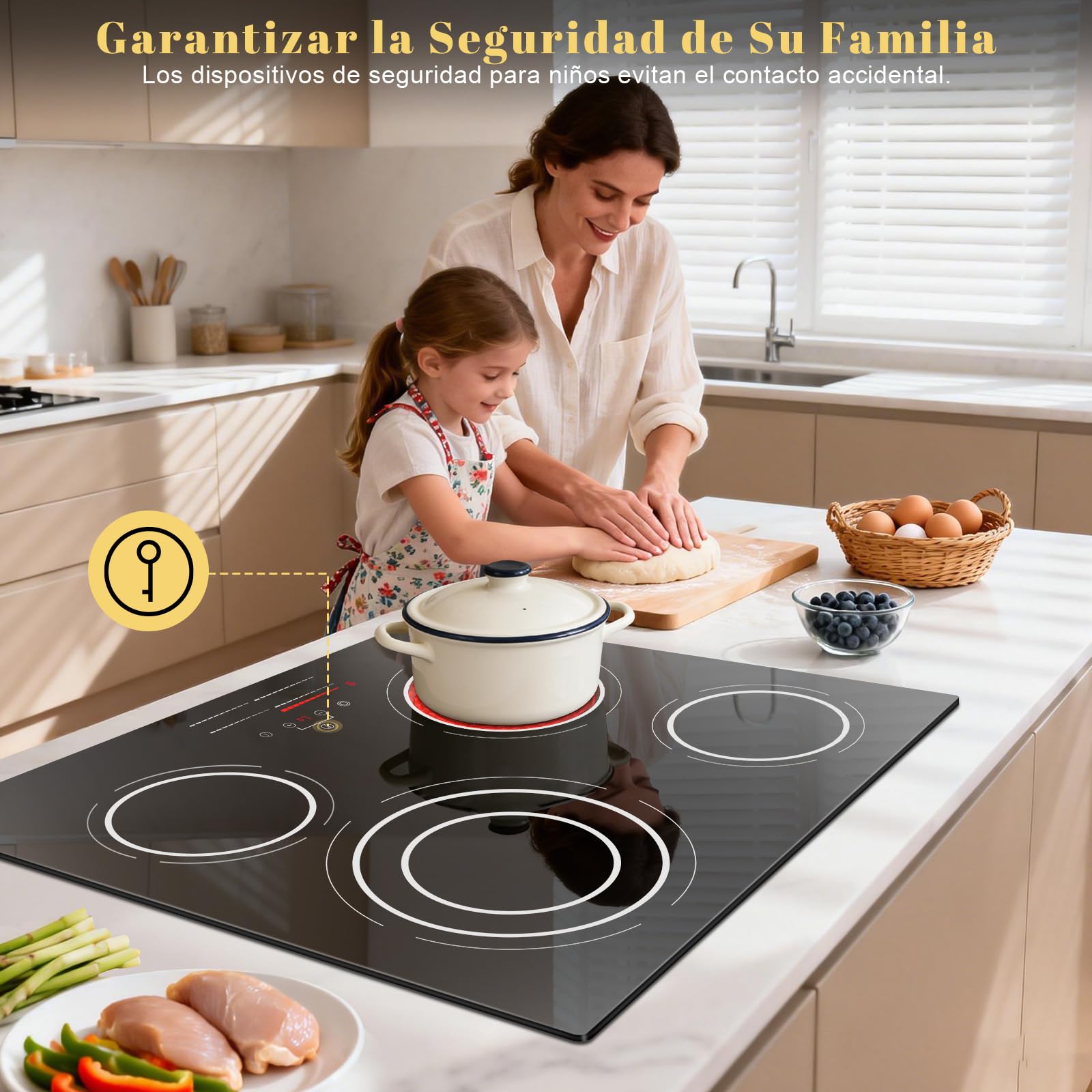 Placa Vitrocerámica 4 Fuegos 6600 W, Placa de Cocción con Zona de Expansión, Placa de Cocina Empotrable 60 cm, 9 Niveles de Potencia, Temporizador, Bloqueo para Niños, 220-240 V