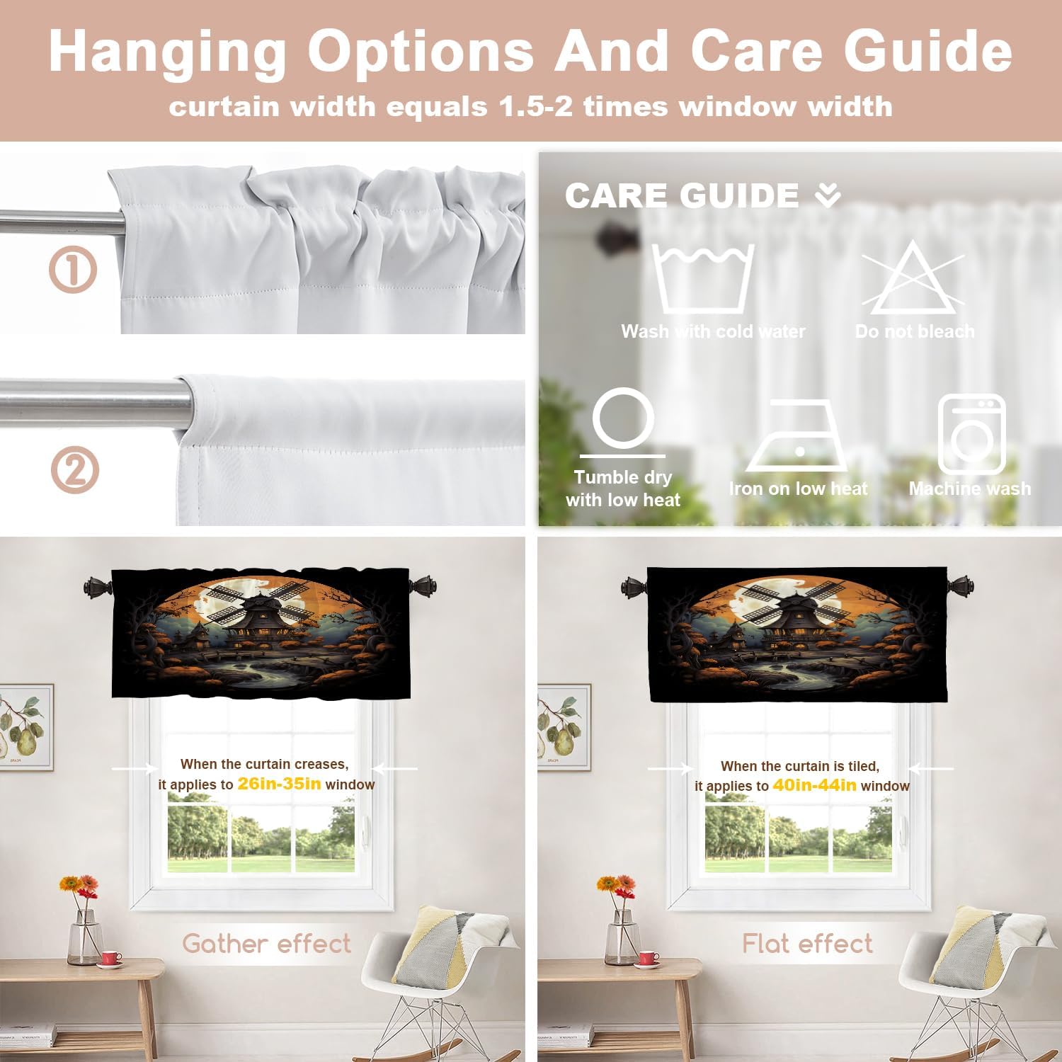 Shrahala Halloween Windmill Kitchen Valances, Windmill in Dark Orange Forest Half Window Curtain Window Treatment Multilayer Polyester Blackout for Living Room Bathroom 2 Pack 52 x 18 in