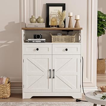 31.5 White Storage Cabinet with Doors and Drawers, Farmhouse Sideboard