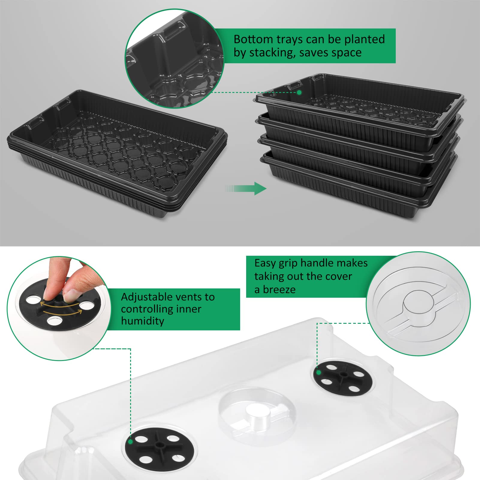 YAUNGEL Vassoi per semi, XL addensato 38x24x12 cm mini kit di coltivazione con coperchio e ventilazione per semi e piantine, 4 Pack 160 fori di semina per semi e piantine, Nero