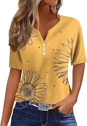 Short Sleeve Shirts for Women Summer Tops 2026 Plus Size Casual Button Down V Neck Loose Fit T Shirts for Women