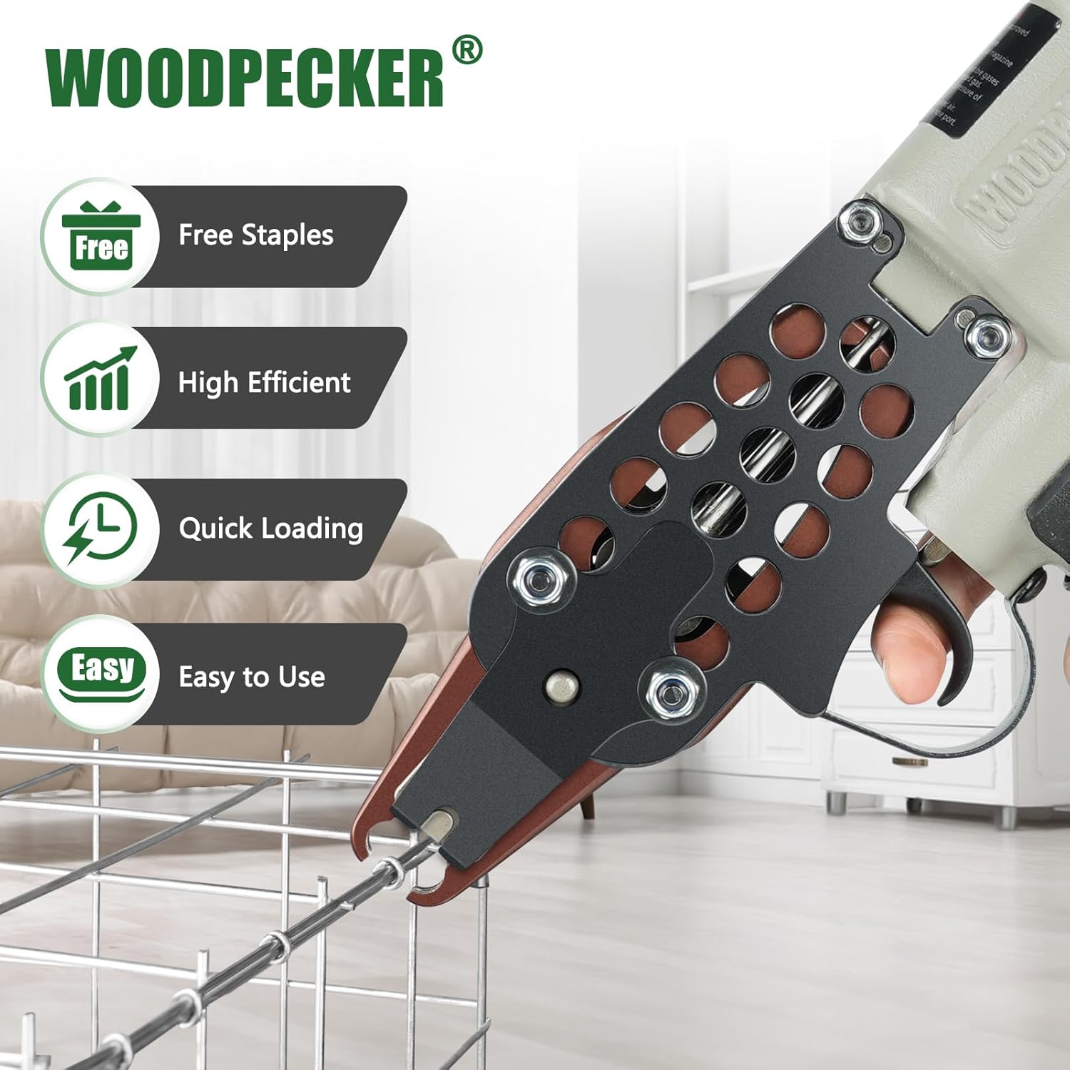 Woodpecker C-7EA 15 Gauge Pneumatic Hog Ring Gun Kit, 3/4-Inch Crown Air Power Long Nose C Ring Gun, 7-8mm Closure Diameter Hog Ring Tool, Fencing Plier for Railing, Spring Mattress, Car Seat