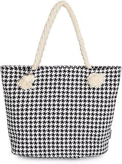 Premium Classic Black White Houndstooth Print Cotton Canvas Tote Shoulder Bag Handbag