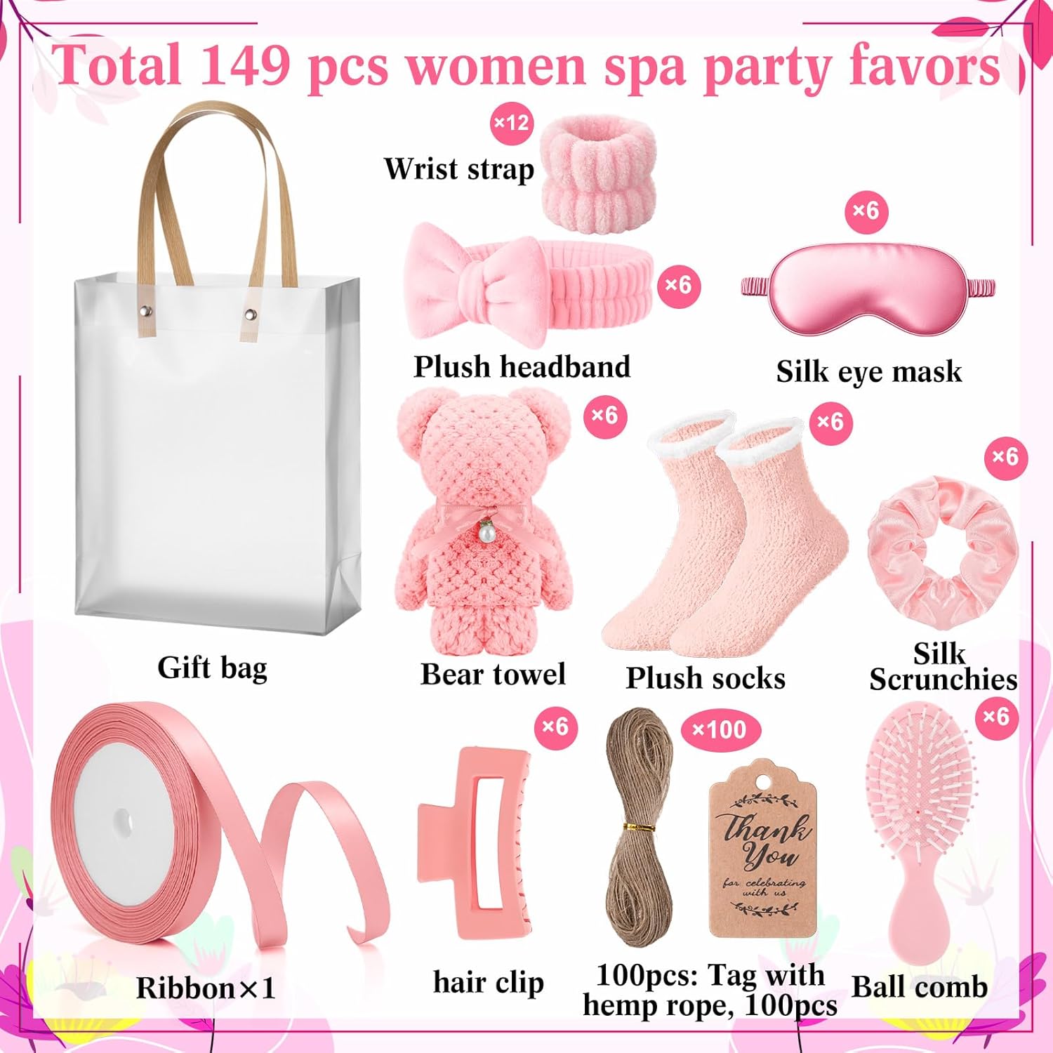 6 Set Mother's Day Spa Gifts for Mom & Women, Sleepover Party Favors Supplies for Bridesmaid Bridal Shower Wedding Guests Birthday Gift with Towels Socks Hair Tie Clip Eye Masks(Pink)