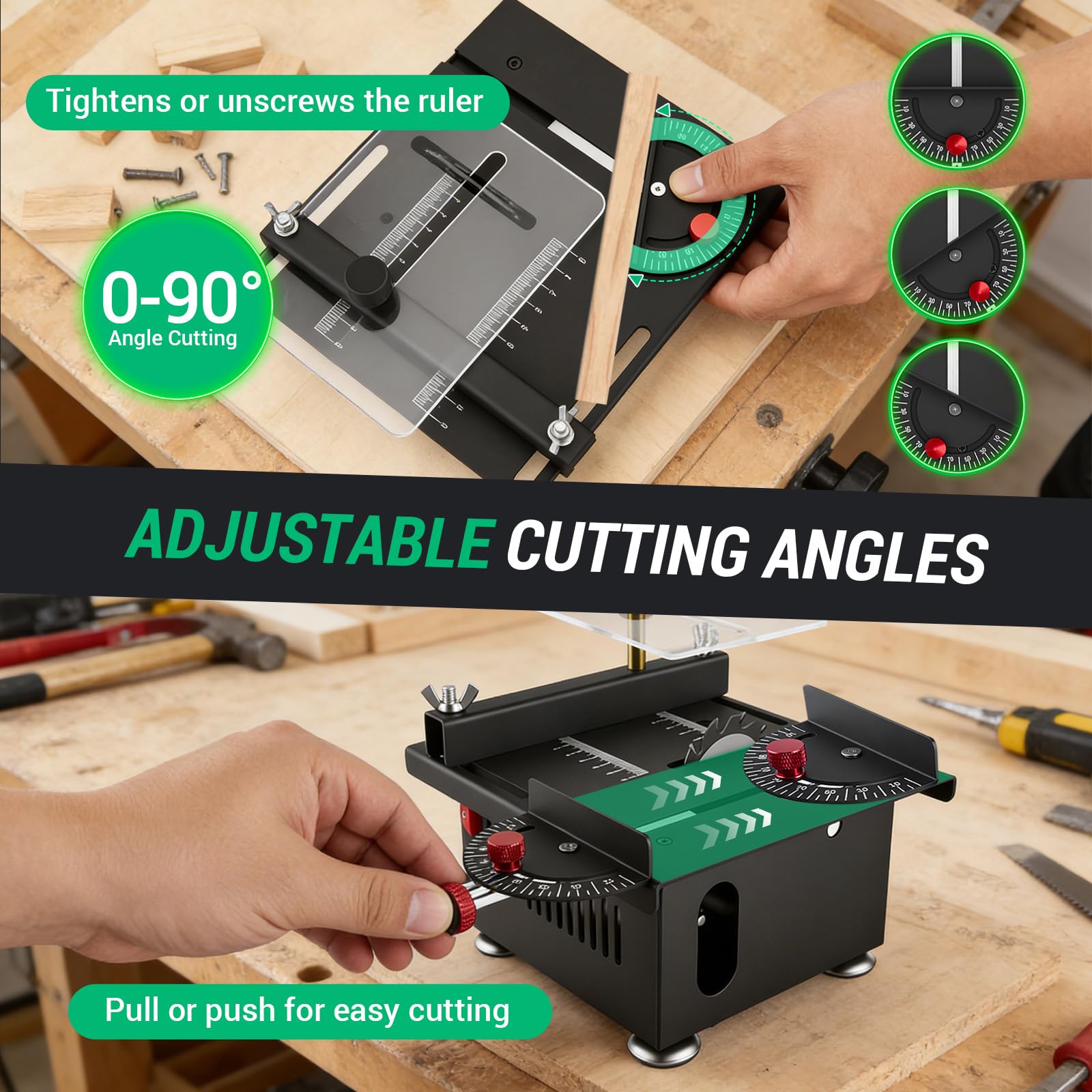 Mini Taglierina Circolare da Tavolo con 4 Lame 100W, con Alimentatore a 7 velocità, Altezza della Lama Regolabile da 0,1 a 16 mm, taglierina Circolare Multifunzionale e Portatile