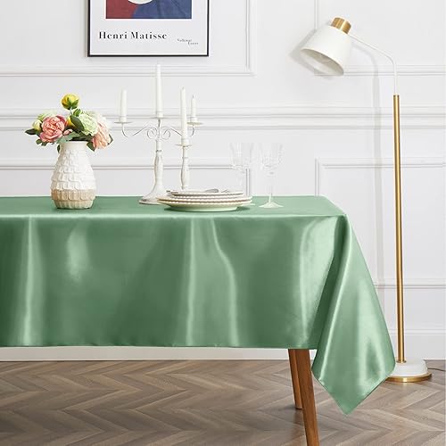 Miniatura 4 de Paquete de 4 manteles de satén verde salvia, mantel rectangular de poliéster de 58 x 102 pulgadas, resistente a las arrugas, mantel de mesa de