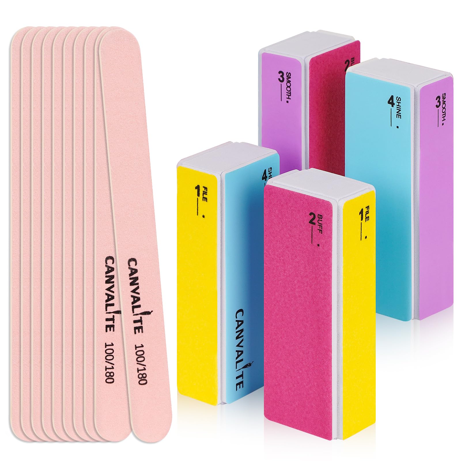 Canvalite Nail Files and Buffers, Shapes/Smooths/Shines Multi-Functional File & Polishing Buffing Block with 100/180 Grit Emery Boards, 14pcs Manicure Kit Natural Nail Care
