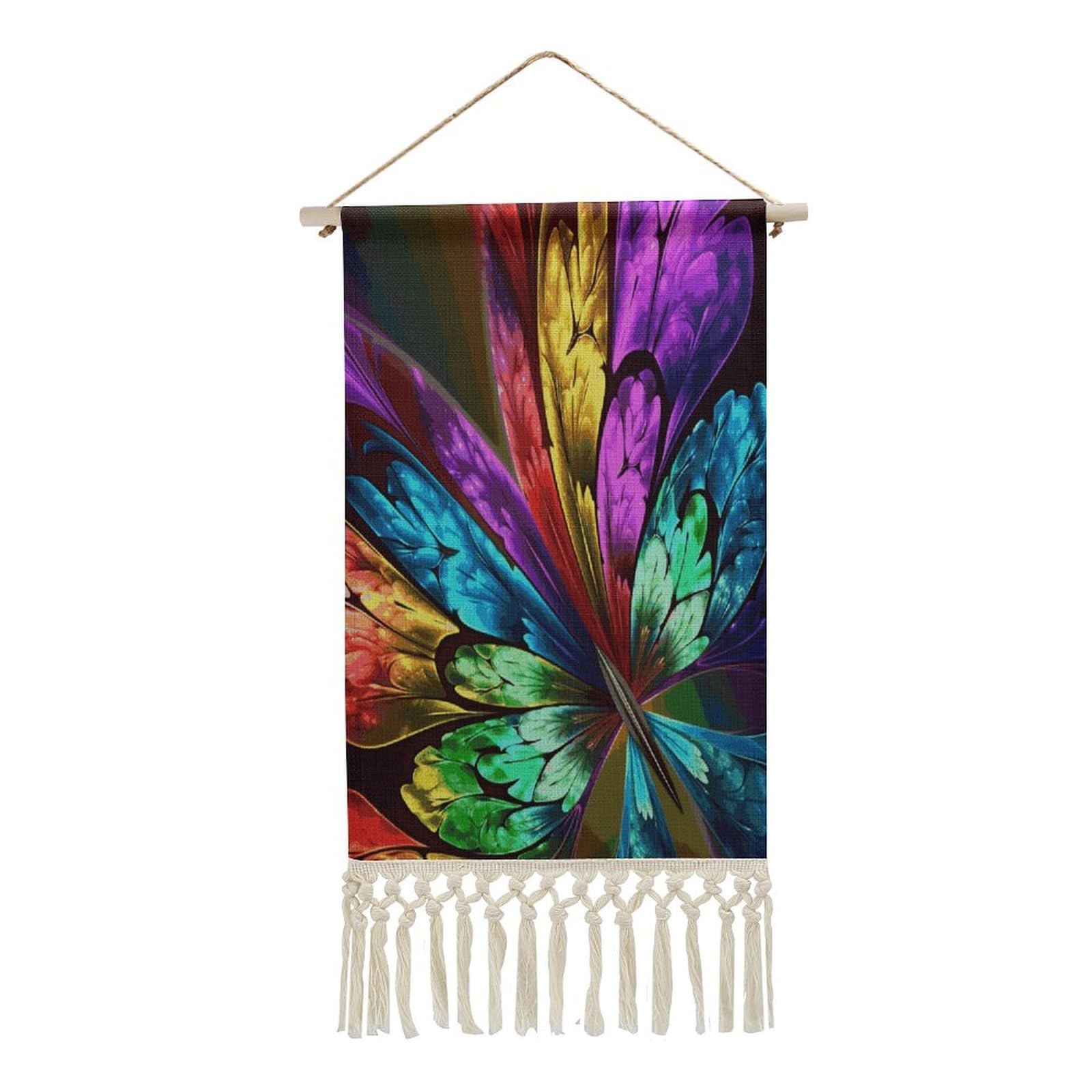 FekiLoot Rainbow Butterfly Wall Art Print Decor Art Tapestry with Tassel Cotton Linen Hanging Poster Vintage Aesthetic Wall Art Poster Rustic Wall Art Decor for Home Bedroom Living Room Office
