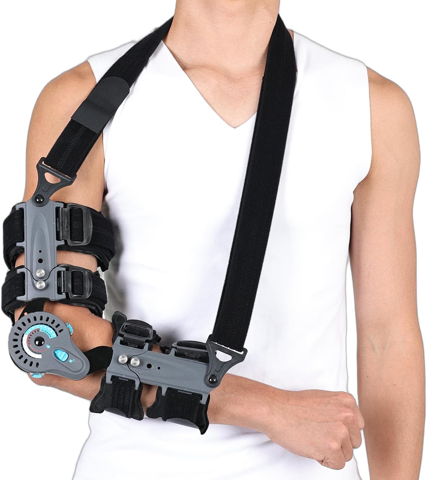 Komzer Hinged Elbow Brace,Adjustable Post OP ROM Elbow Brace with Sling Stabilizer Splint Arm Injury Recovery Support After Surgery (Left)