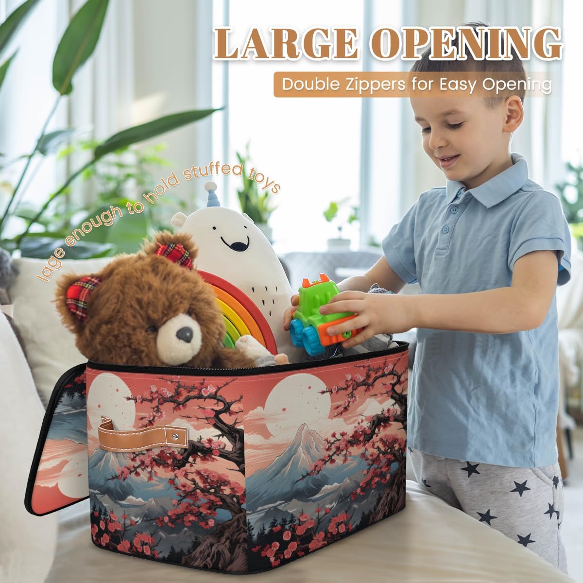 Storage Bin Set of 2 Japanese Mountain Flower Storage Basket with Zipper Lid & Handle Foldable Closet Shelf 2 Pack Cloth Organizer Basket Cube Bins Clothes Organizer for Nursery, Bedroom