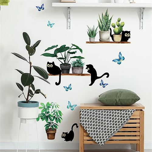 Miniatura 2 de Calcomanías de pared de gatito negro con diseño de plantas verdes en maceta, diseño de animales de dibujos animados de sacinora para bricolaje,