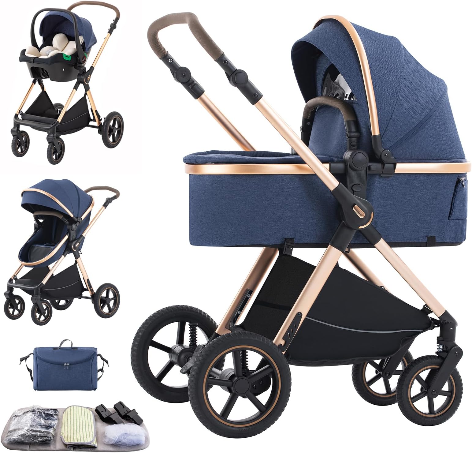 3 in 1 Baby Stroller with Height Adjustable Handle,3 in 1 Prams Travel System, Lightweight Foldable Pushchair, Prams with Aluminum Frame for Portable Baby Carriage