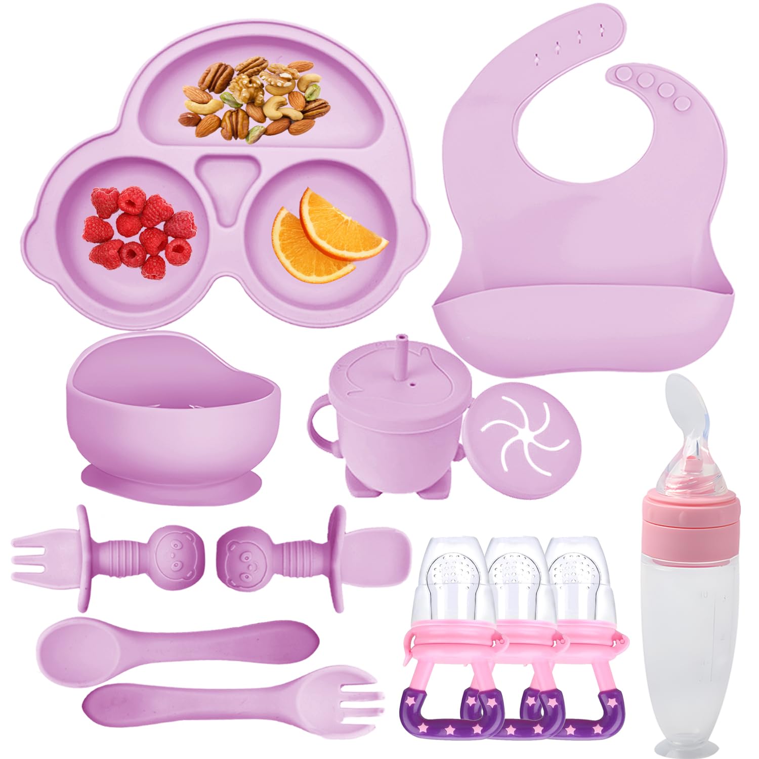 Silicone Baby Feeding Set,Miicasa Baby Led Weaning Supplies Kit With Suction Bowl & Car Plate, Bib, Spoon, Fork, Cup – Food-Grade Silicone, Dishwasher-Safe, No BPAs – For 3+ Months