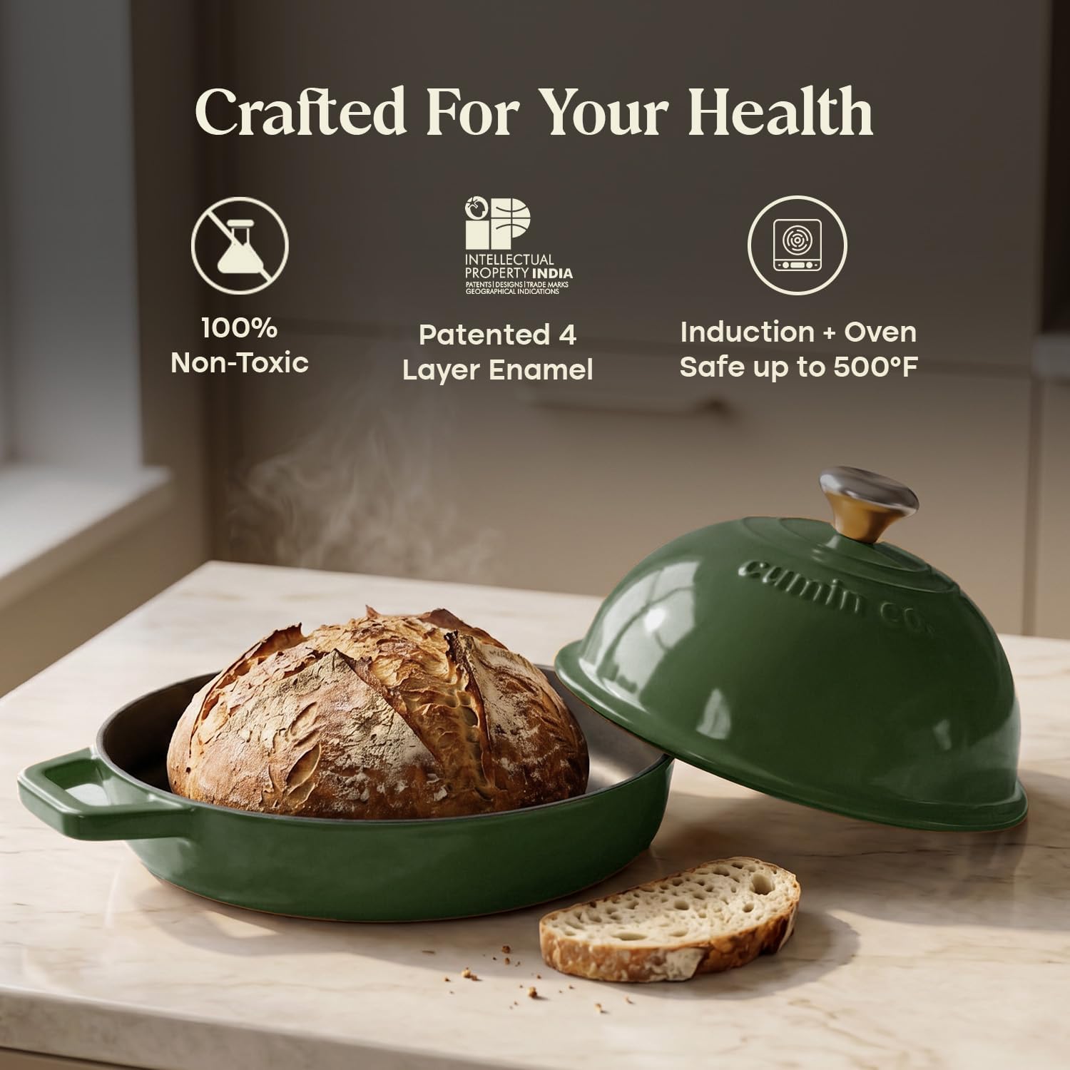CUMIN CO. Enameled Cast Iron Bread Oven with Lid, 8 Inch (20 cm) – Non Toxic PFAS-Free Sourdough Bread Baker – Bread Baking Dutch Oven for Artisan Bread, Boules & Homemade Loaves – Oven Safe (Color: Green)