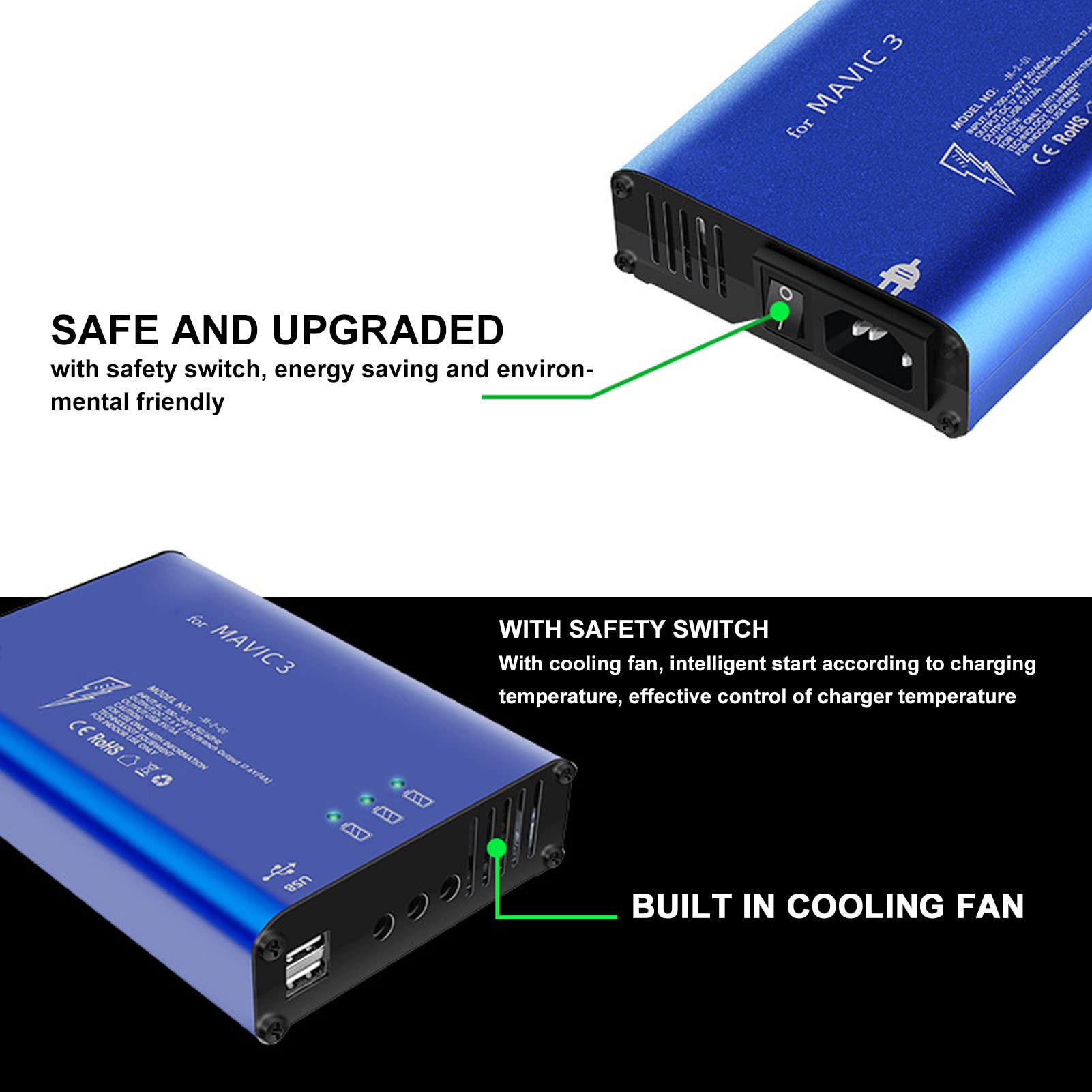 Chargeur de Batterie de Drone, Composants électroniques en Alliage d'aluminium, Outil de Chargement UAV Bleu avec Interrupteur pour 3
