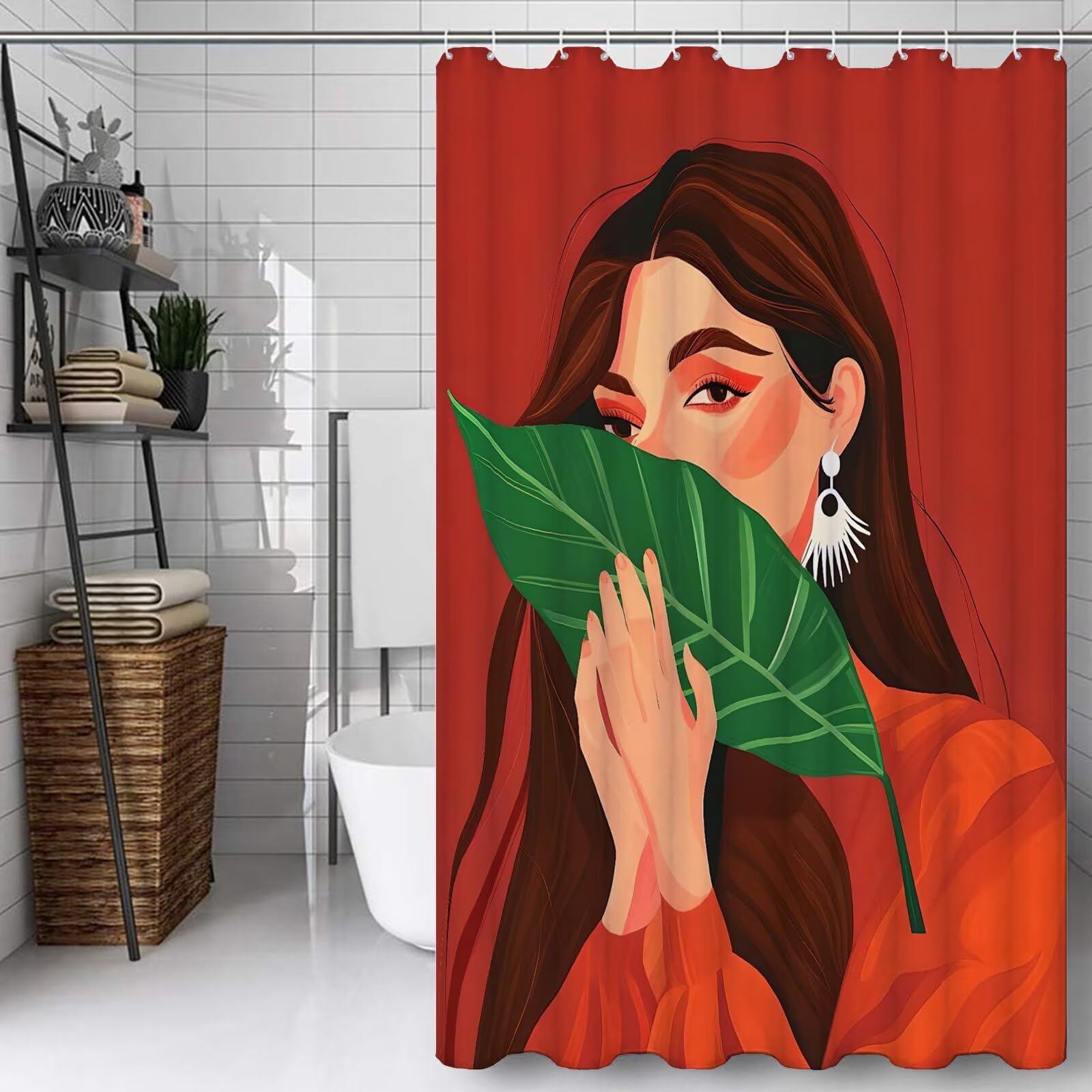 Rideau douche 150x210 rouge femme en polyester lavable avec 12 crochets pour baignoire